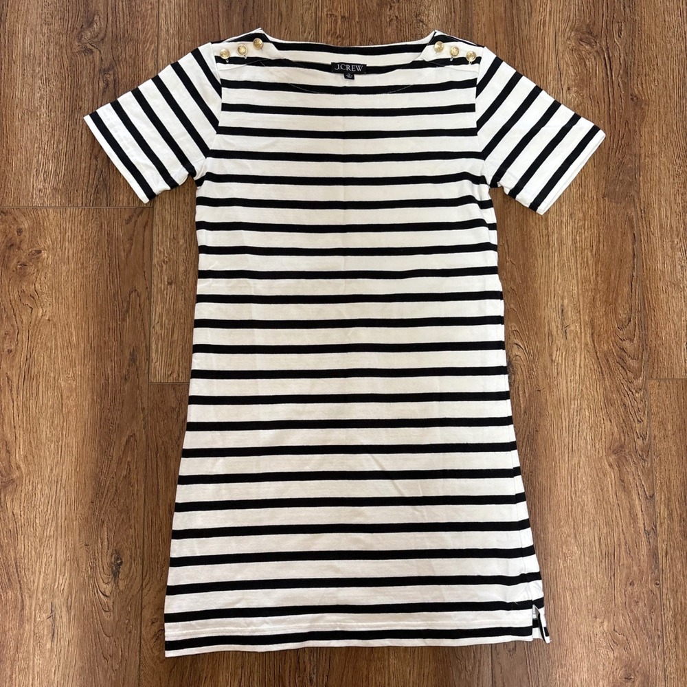 J.Crew Striped Boatneck Mini Dress XS Black White Gold Button Shoulder Cotton‎